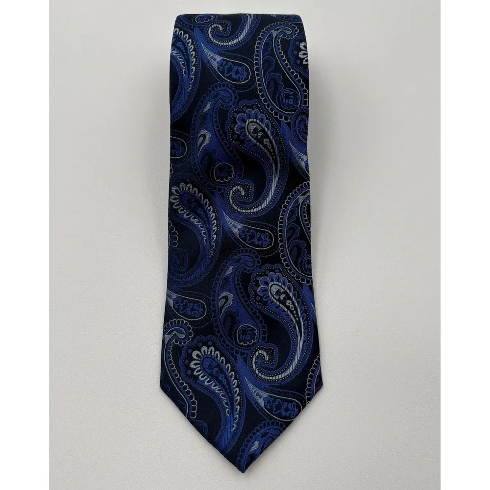 Bugatchi Men's Silk Tie Blue Silver Paisley Made in Italy Designer Luxury 3.5